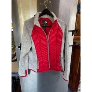 Xersion‎ Women's Large Red & Gray Full-Zip HIDE AWAY HOOD Jacket With Thumbholes